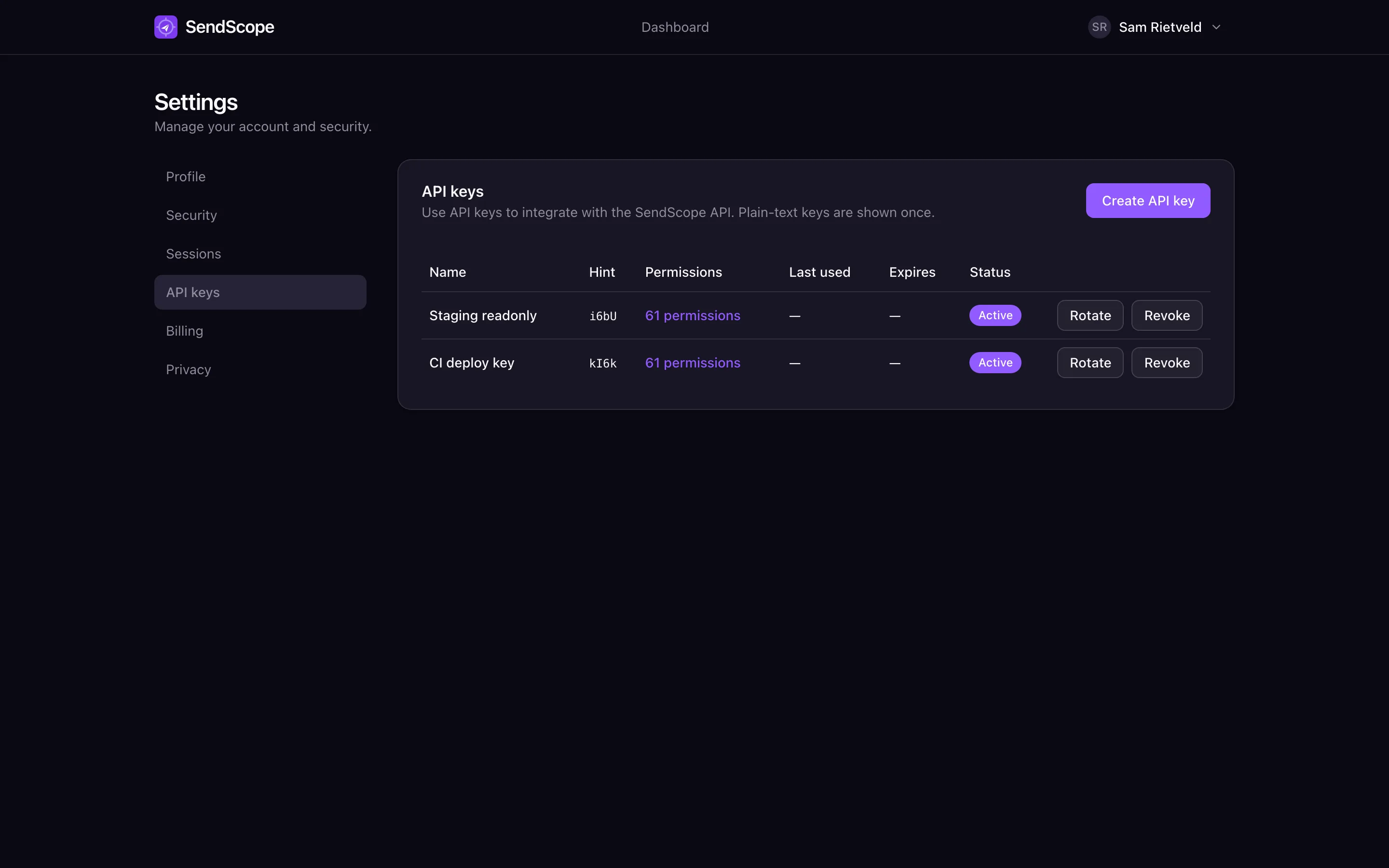 API key management with creation, scoped permissions and rotation