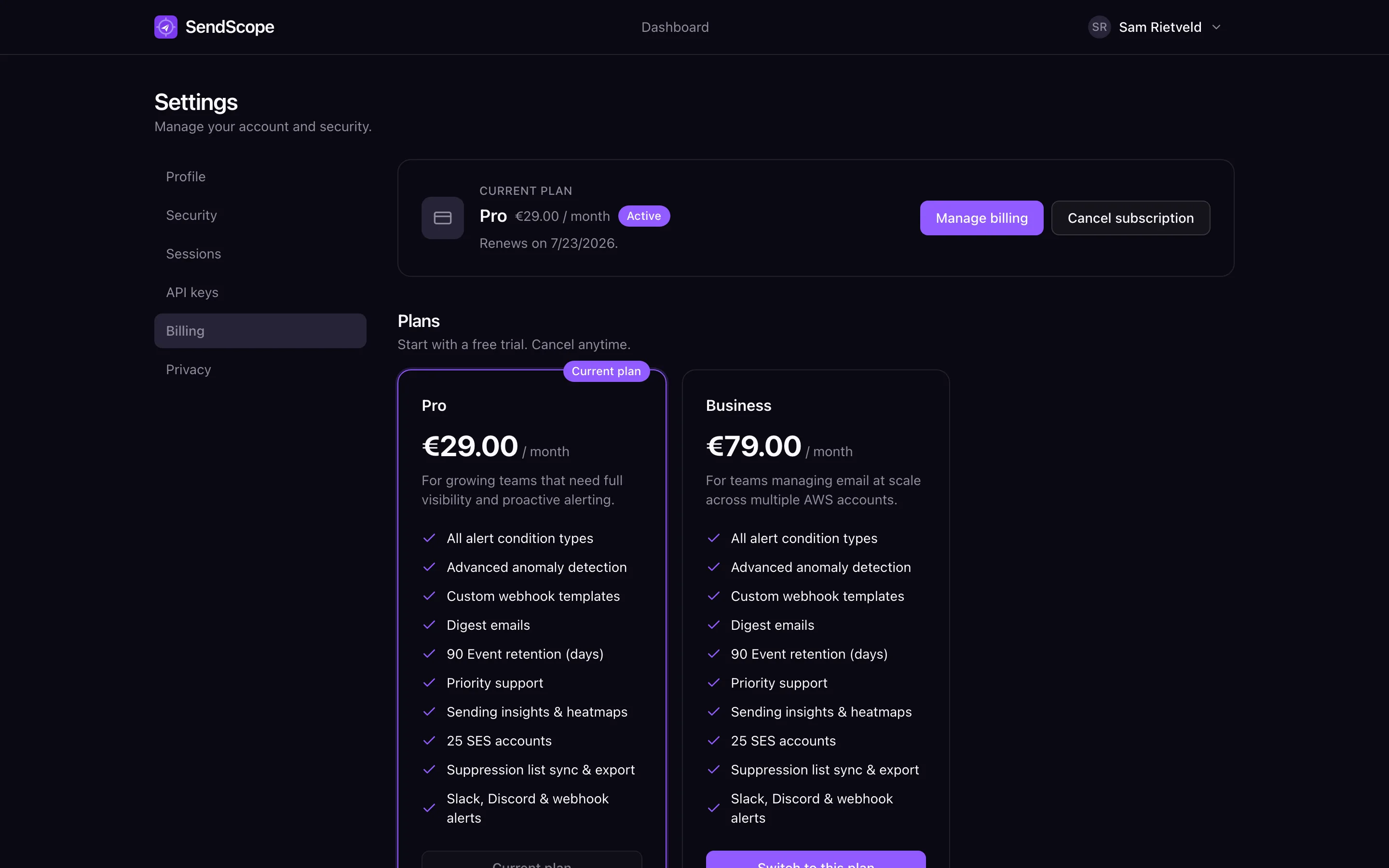 Subscription billing page with plan tiers and a free trial