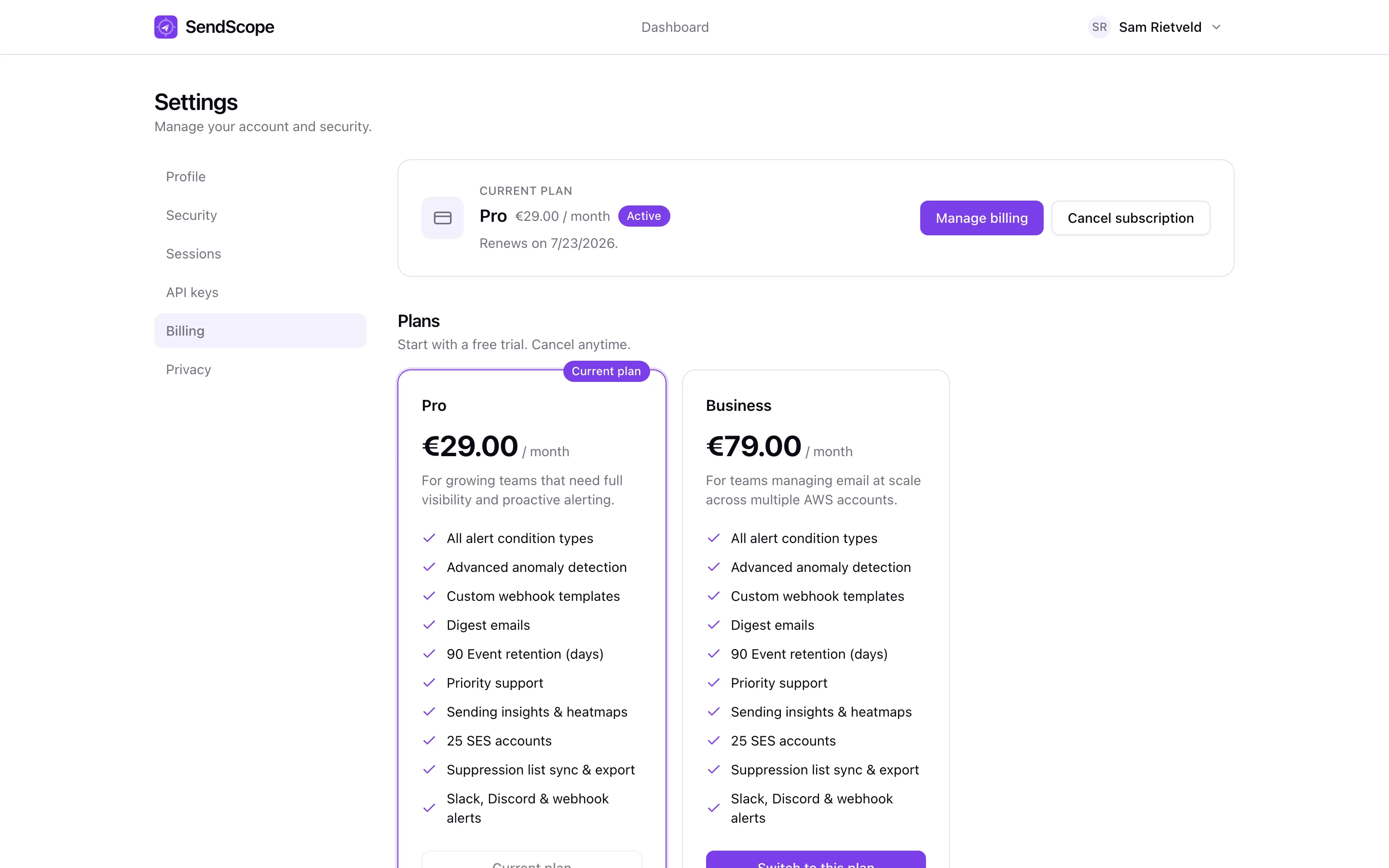 Subscription billing page with plan tiers and a free trial