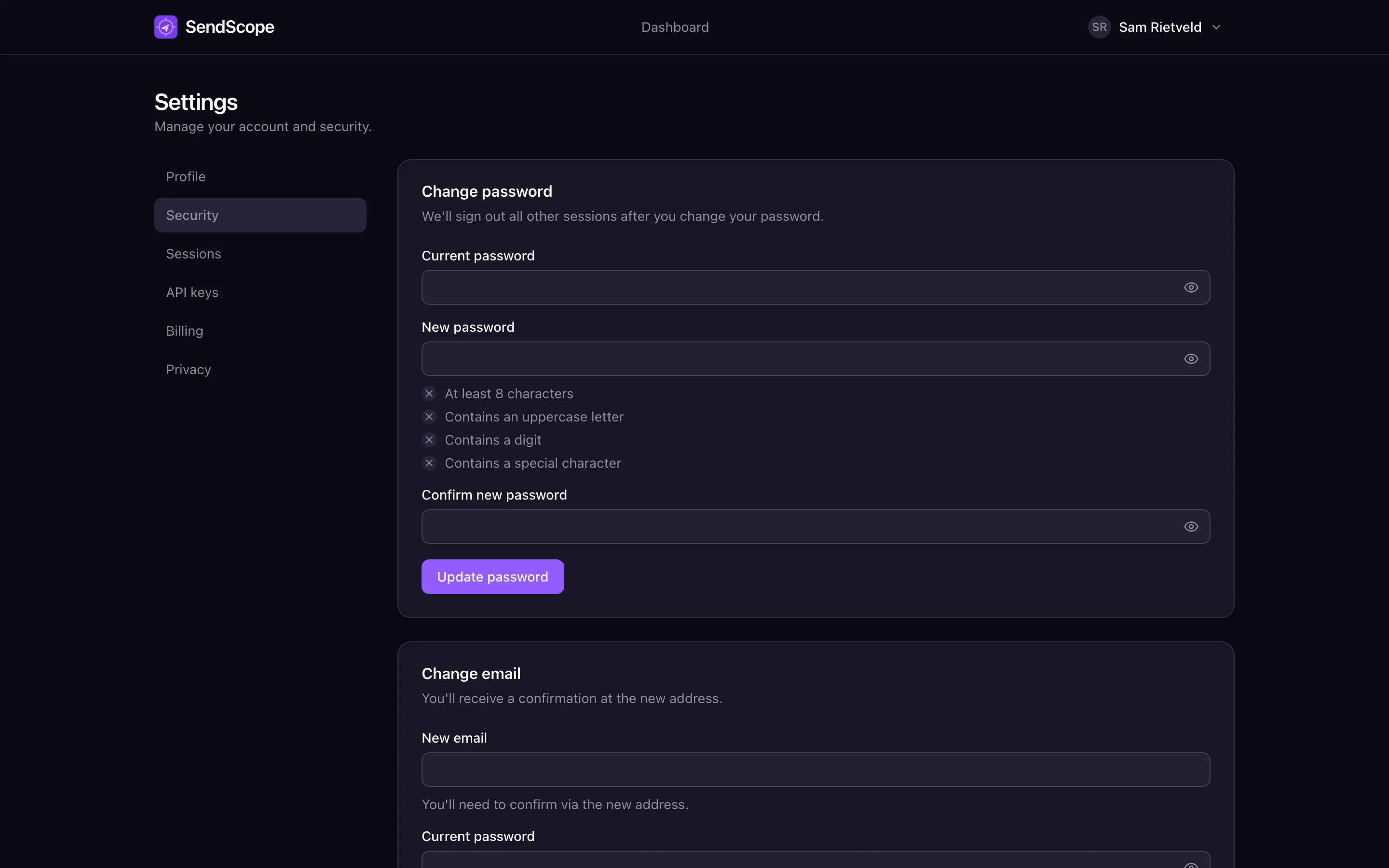 Security settings with password, email, two-factor, passkeys and linked accounts