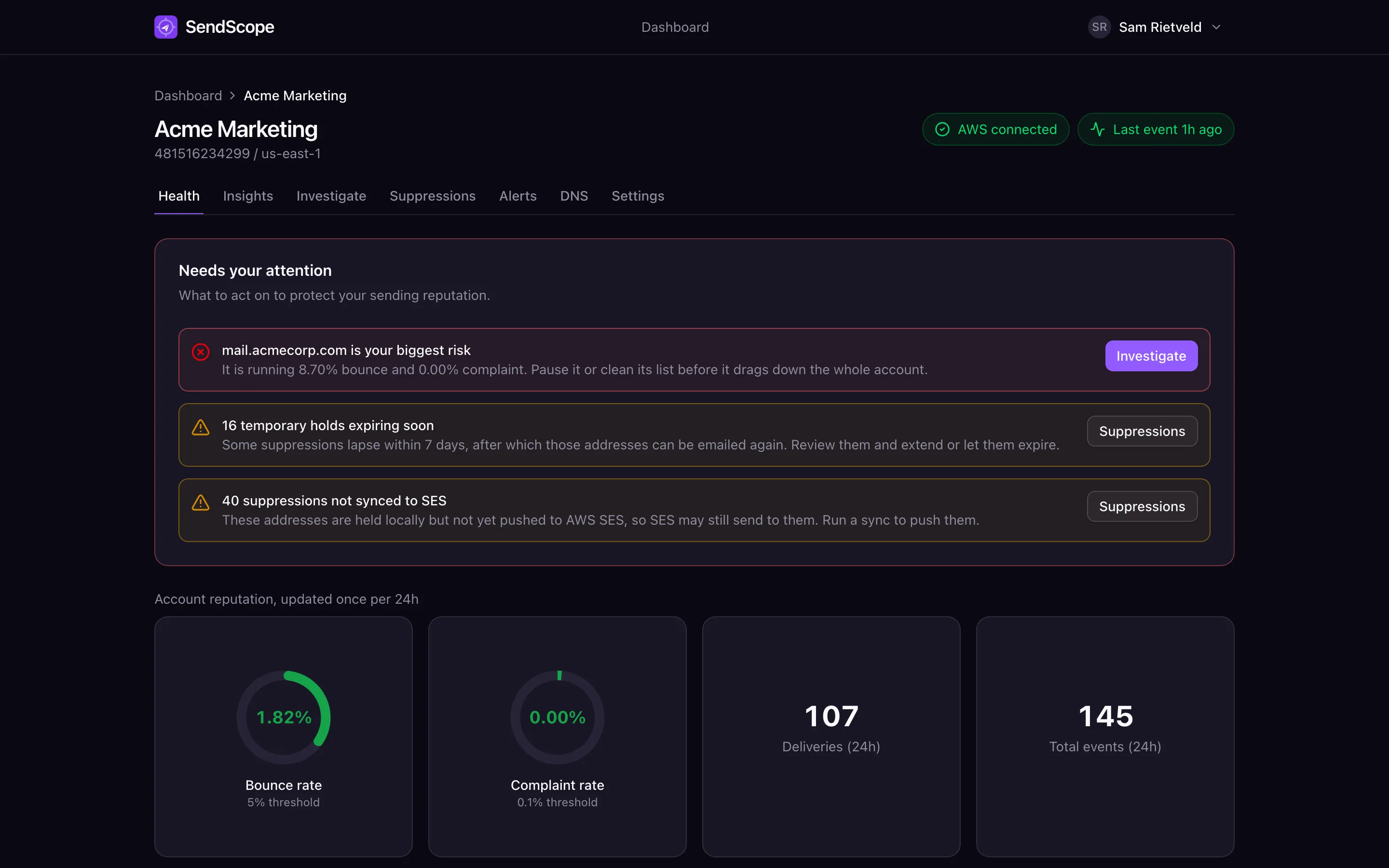 Account health with reputation gauges, live AWS account status and at-risk sending identities