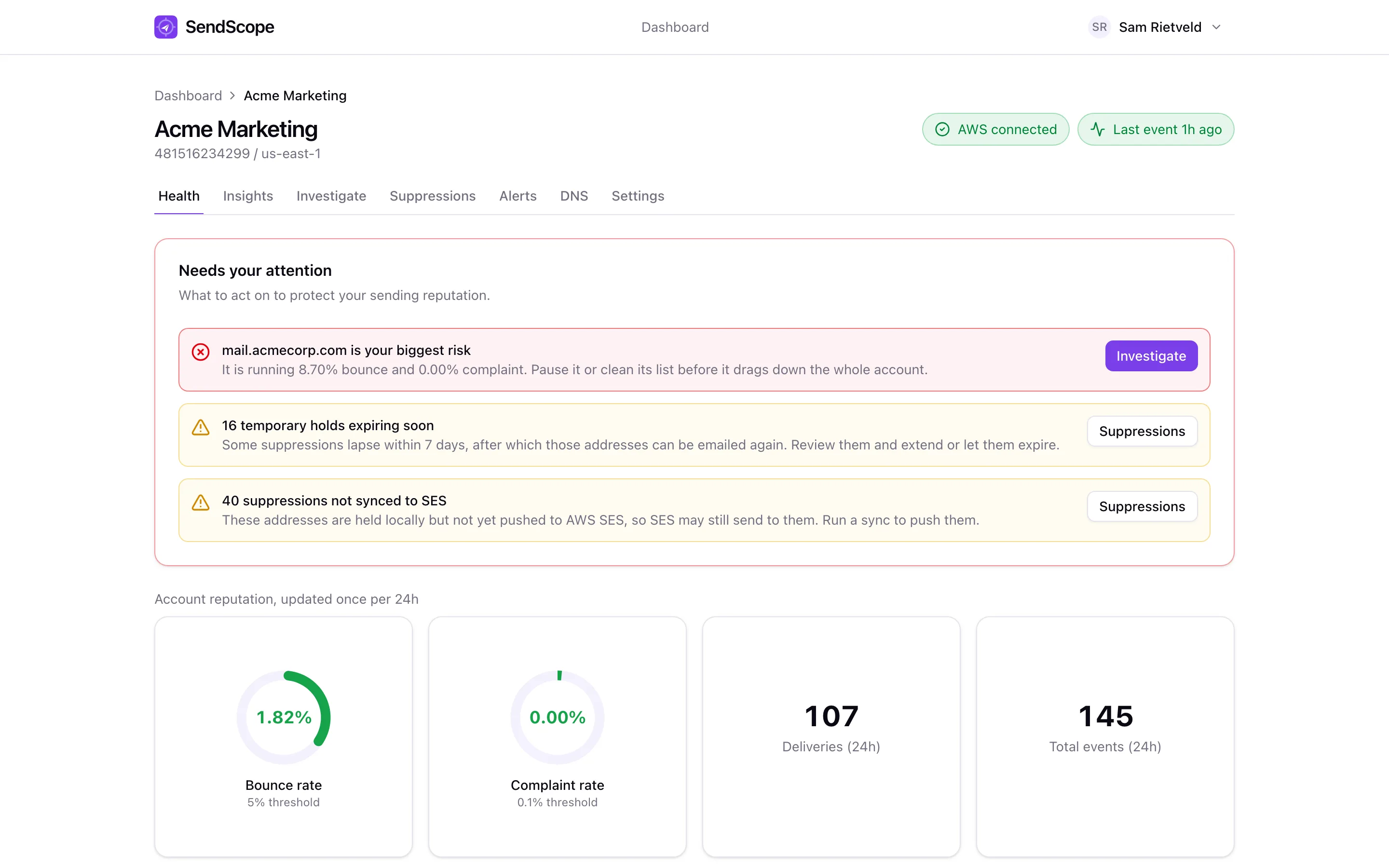 Account health with reputation gauges, live AWS account status and at-risk sending identities