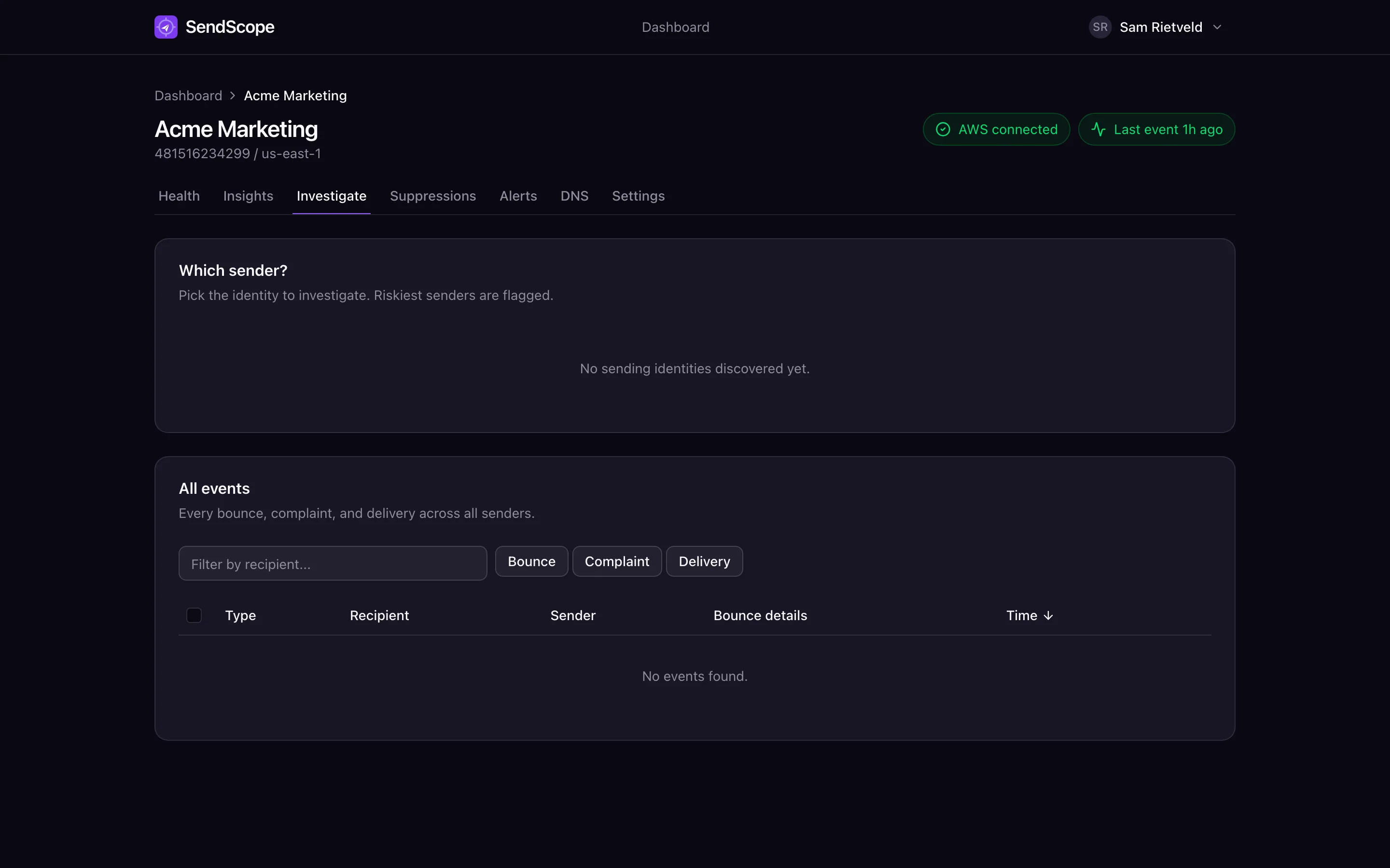 Event explorer filtered by sending identity, recipient and event type