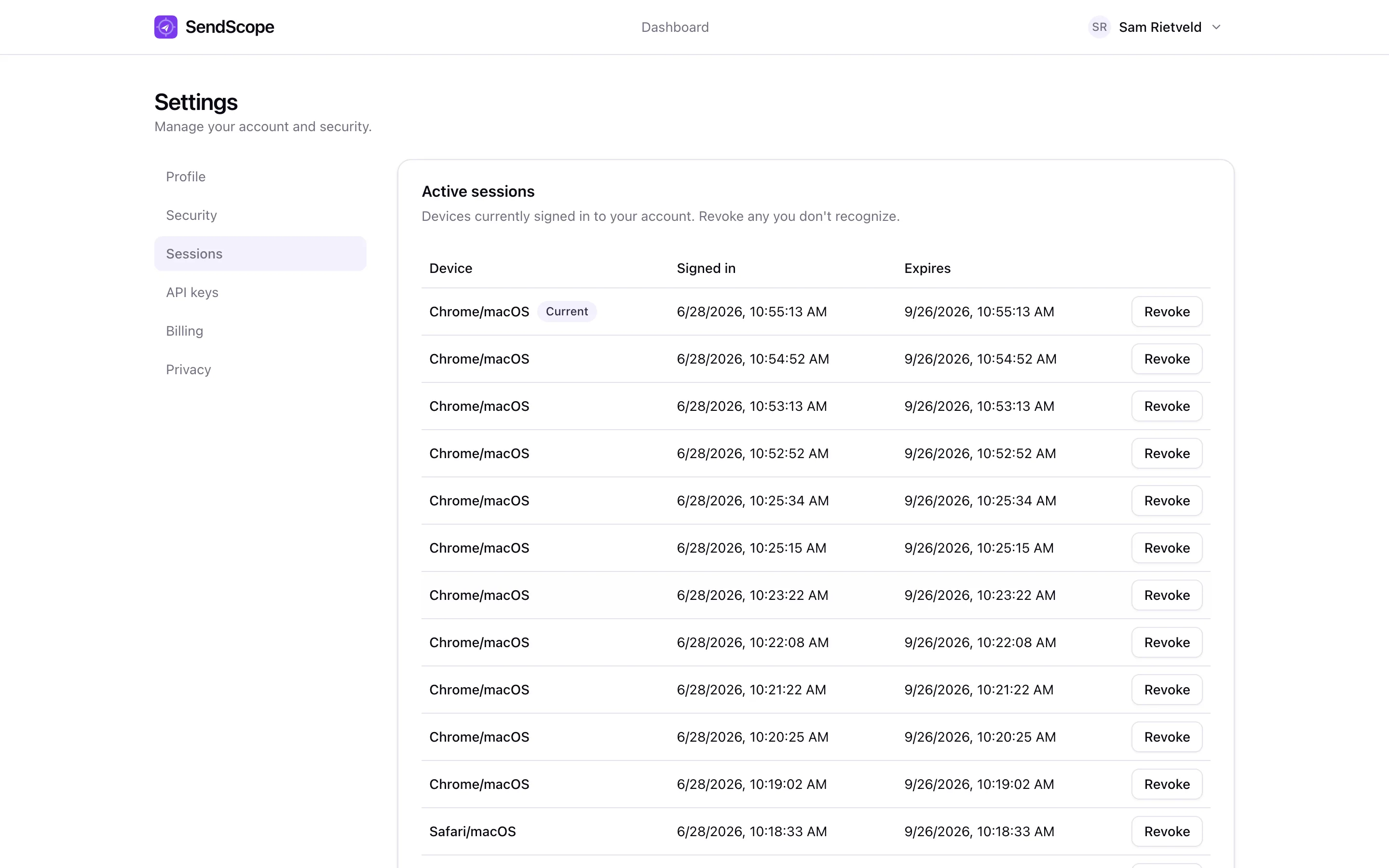 Active session list with device names and revocation